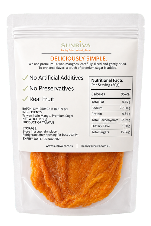 SUNRIVA Fresh Dried Mango ingredients, storage and nutrition information