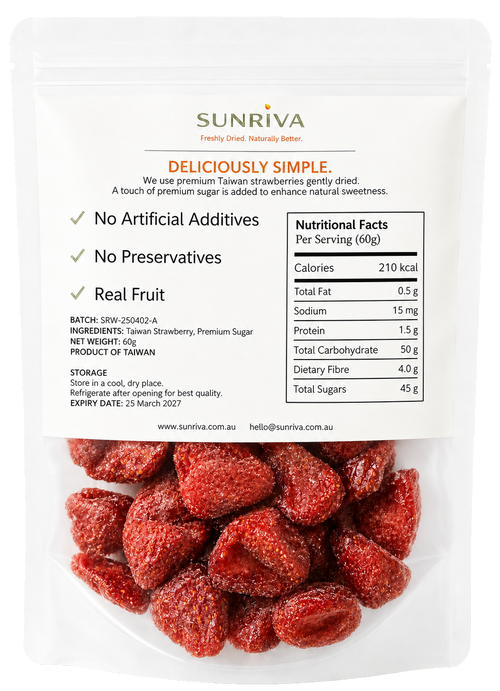 SUNRIVA Fresh Dried Strawberry ingredients, storage and nutrition information