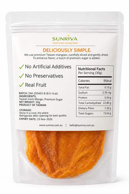 SUNRIVA Fresh Dried Mango ingredients, storage and nutrition information